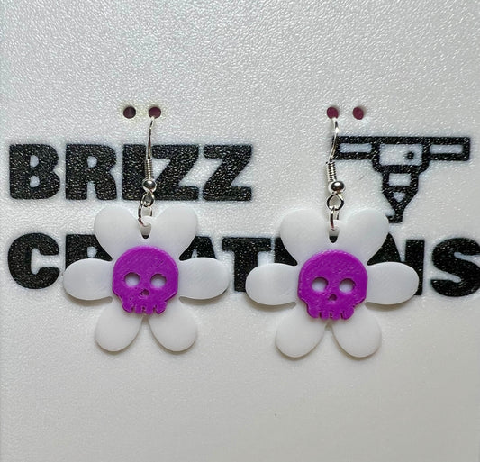 Purple & White Skull Flower Sterling Silver Earrings