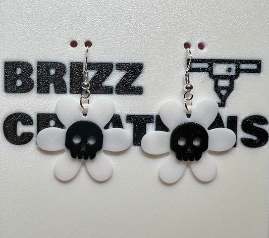 Black & White Skull Flower Sterling Silver Earrings